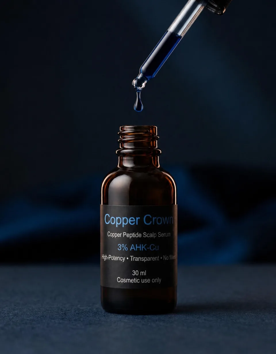 Copper Crown serum dropper with deep blue copper peptide liquid
